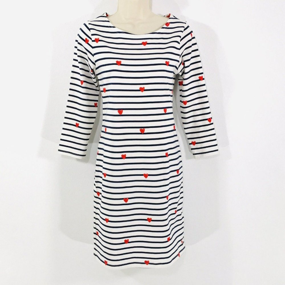 Joules Riviera Dress Sz 6 Red Hearts Blue Stripes 3/4 Sleeve